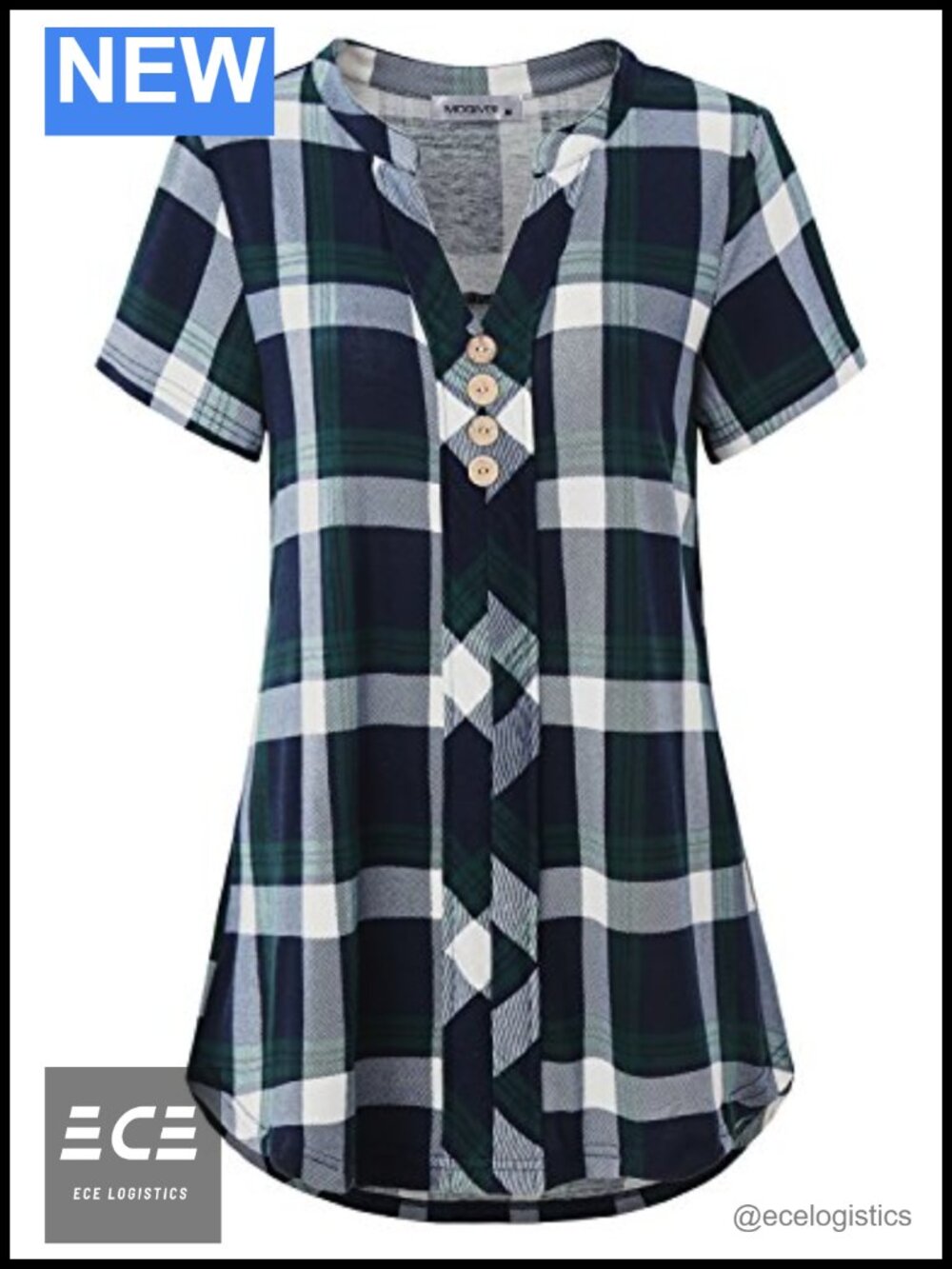 Women's Notch Neck Short Sleeve Plaid Button Blouse Tunic Top